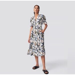 Diane Von Furstenberg DVF Erica Midi Dress Button Front A-Line Puff Sleeve Sz 4